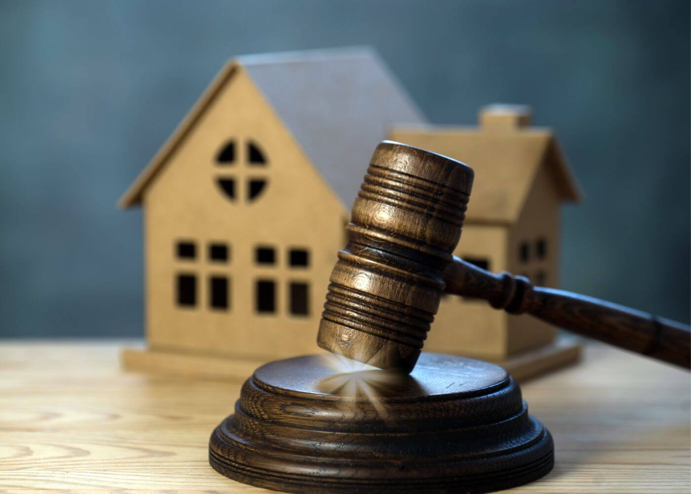 Gavel hitting block in front of a house model, symbolizing real estate law and property auctions.