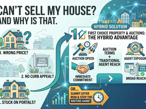Why houses don't sell and the First Choice Property & Auctions hybrid estate solution with immediate commitment and broad market reach. Can't Sell My House?