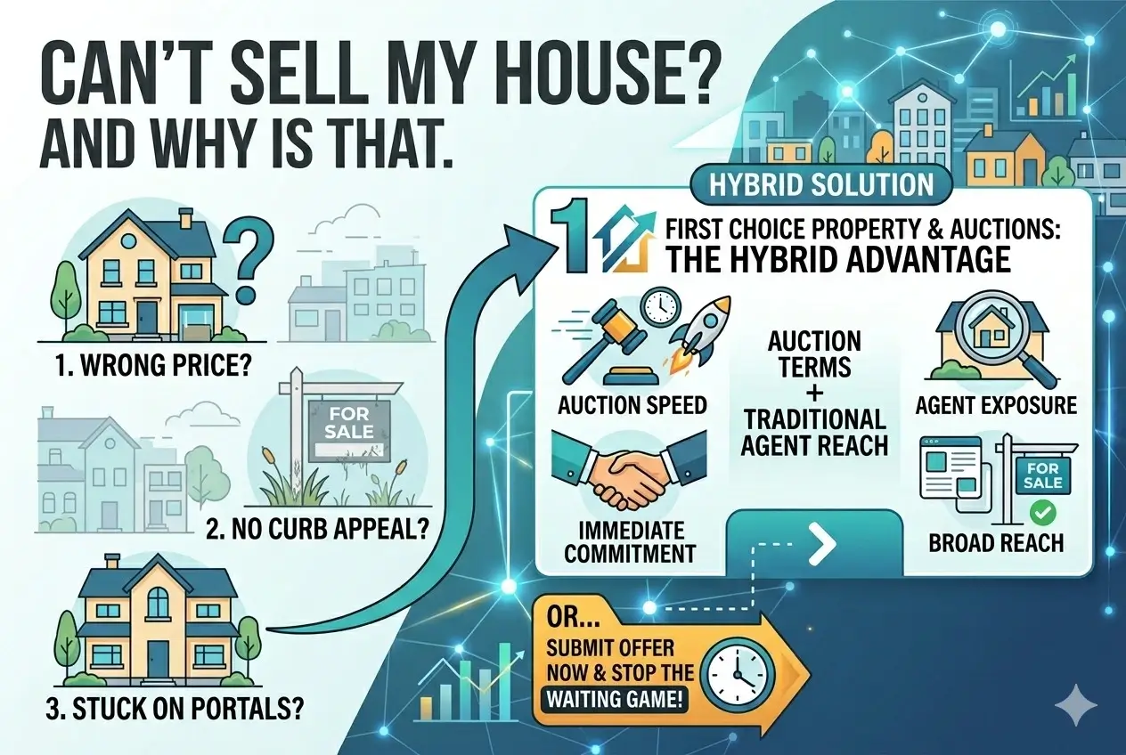 Why houses don't sell and the First Choice Property & Auctions hybrid estate solution with immediate commitment and broad market reach. Can't Sell My House?